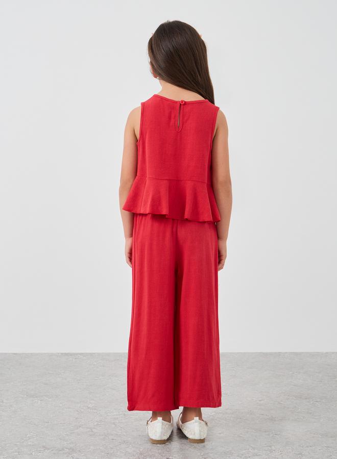 ستايلي طقم بلوزة وبنطلون ستايلي جيرلز أحمر سادة بدون أكمام بكسرات - Image 4