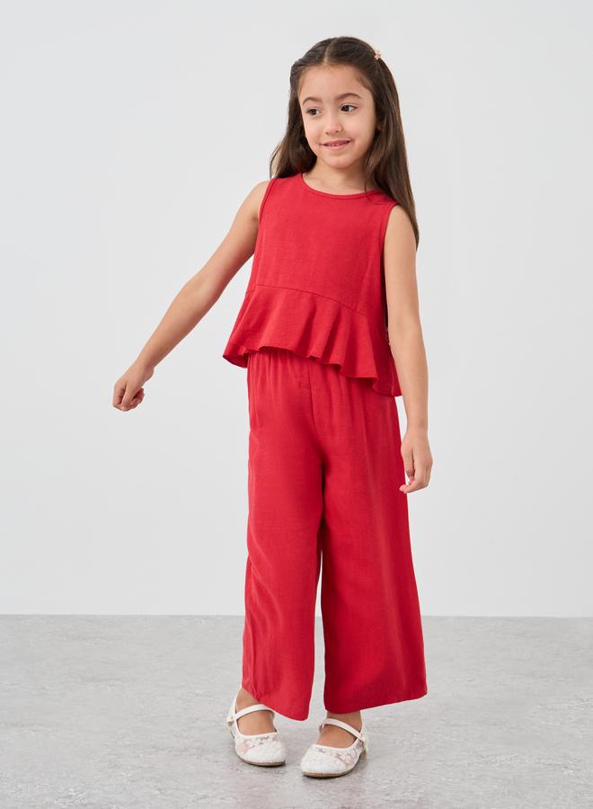 ستايلي طقم بلوزة وبنطلون ستايلي جيرلز أحمر سادة بدون أكمام بكسرات - Image 1