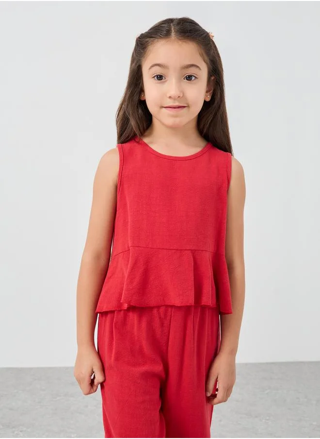 Styli Styli Girls Red Solid Sleeveless Peplum Blouse and Pants Set