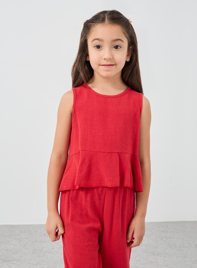 ستايلي طقم بلوزة وبنطلون ستايلي جيرلز أحمر سادة بدون أكمام بكسرات - Image 2