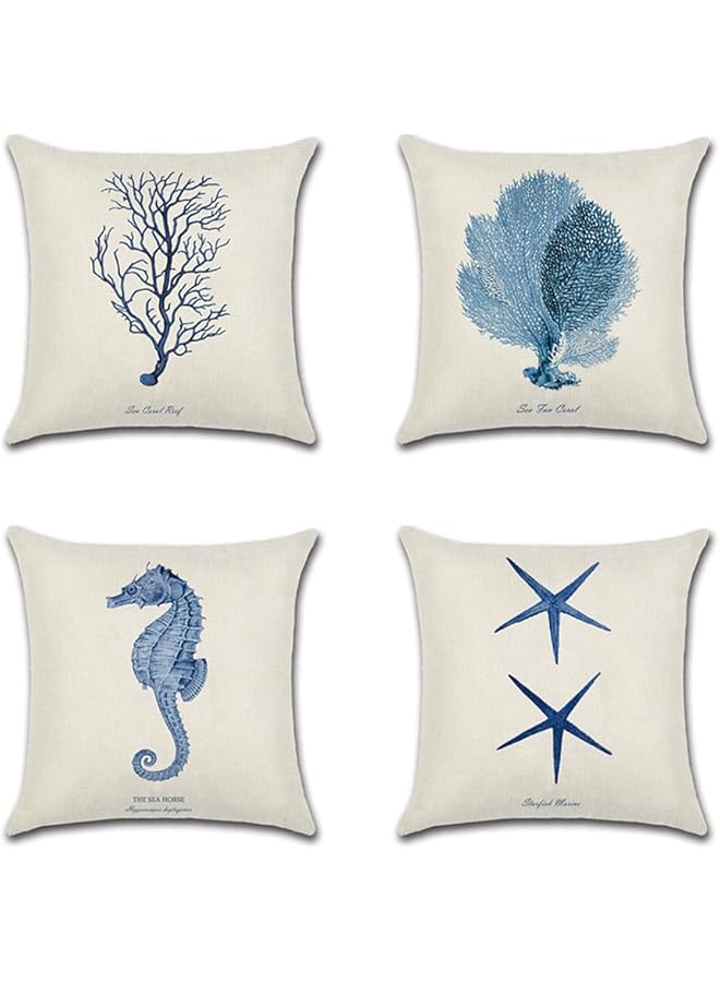 The Bros 4 Packs Ocean Style Cotton Linen Pillow Cover, Mediterranean Style Decorative with Sea grass/seahorse/starfish/coral Cushion Cover 18 * 18 - Image 1