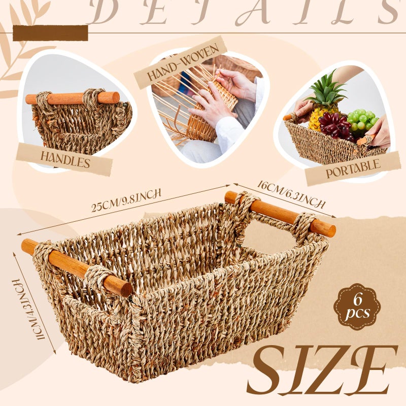Marsui 6 Pcs Small Hand Woven Wicker Baskets with Wooden Handles, Seagrass Rattan Storage Baskets Bin Organizer Shelf Pantry for Bathroom Storage Towel Kitchen Washroom Gifts Decor, 9" x 6" x 4" - Image 2