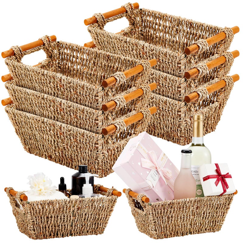 Marsui 6 Pcs Small Hand Woven Wicker Baskets with Wooden Handles, Seagrass Rattan Storage Baskets Bin Organizer Shelf Pantry for Bathroom Storage Towel Kitchen Washroom Gifts Decor, 9" x 6" x 4" - Image 1
