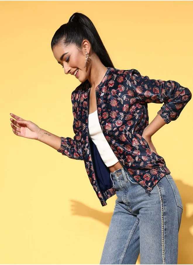 آي شين Aline Fit Self Design Pattern Round Neck Long Sleeves Blue Colour Woven Silk Jacket for Women with Semi Elastic Closure - Designed with Style and Comfort
