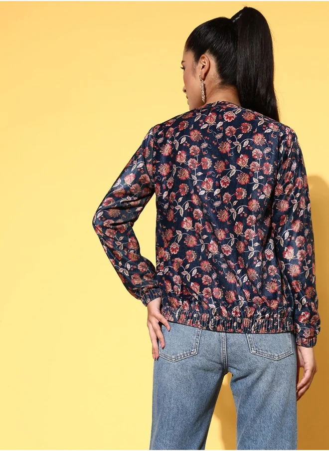آي شين Aline Fit Self Design Pattern Round Neck Long Sleeves Blue Colour Woven Silk Jacket for Women with Semi Elastic Closure - Designed with Style and Comfort