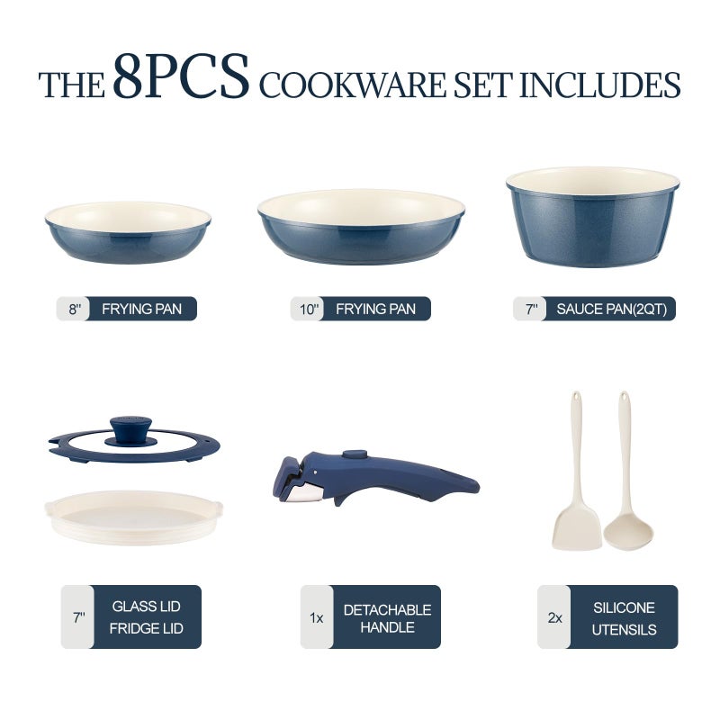 Coicur Ceramic Cookware Set Non Stick 8Pcs Pots and Pans Set Detachable Handle Induction Kitchen Cooking Set with Frying Pans Oven Dishwasher Safe, PFAS/PFOA Free, Navy - Image 2