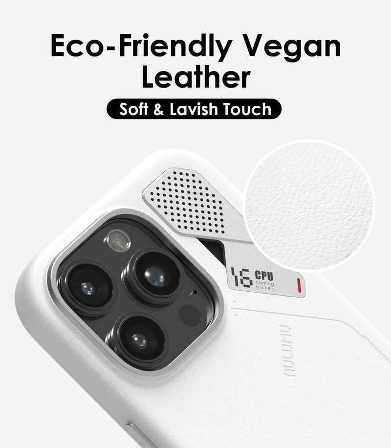 Aulumu A16 Vegan Leather Cooling Protective Case For iPhone 16 Pro Case | With Cooling Fins | Luxury Comfort | Compatible With Magsafe - White - Image 3