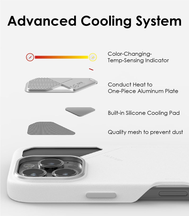 Aulumu A16 Vegan Leather Cooling Protective Case For iPhone 16 Pro Case | With Cooling Fins | Luxury Comfort | Compatible With Magsafe - White - Image 4