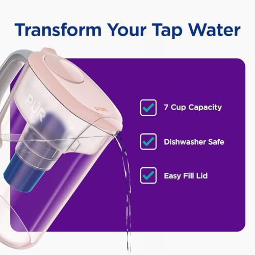 PUR 7-Cup Water Pitcher, 1 Genuine Filter, Cleaner, Great-tasting Water, Dishwasher Safe, Powerful, Faster Filtration, LockFit Cap Design - Blush - Image 2