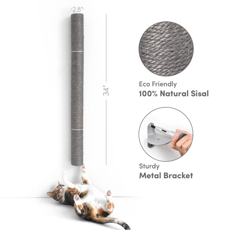 xympo 34" Wall Mounted Cat Scratcher, Sisal Scratching Post - Grey - Image 2