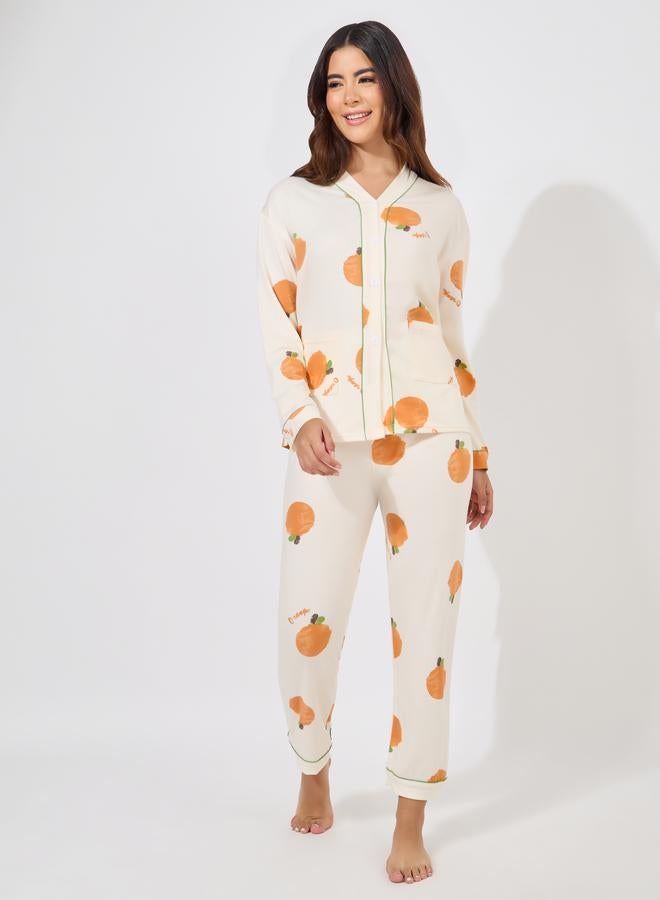 Take Two Orange Print Long Sleeve Shirt & Pyjama Set - Image 1