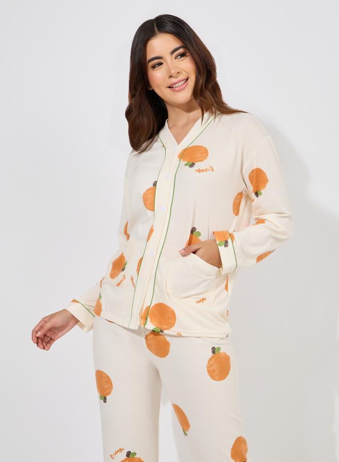 Take Two Orange Print Long Sleeve Shirt & Pyjama Set - Image 2
