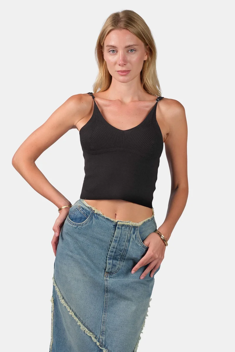 فيرجيو Self Design Viscose V-Neck Slim Fit Strappy Knit Cami for Women