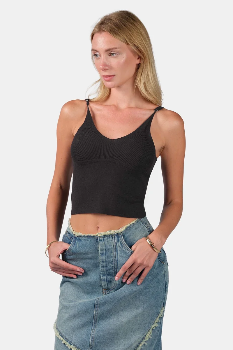 Virgio  Self Design Viscose V-Neck Slim Fit Strappy Knit Cami for Women for Women | Best Price UAE