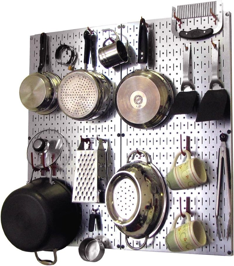 Wall Control Kitchen Pegboard Organizer Pots and Pans Storage Rack and Organization Kit with Metallic Silver Pegboard and Red Accessories - Image 1