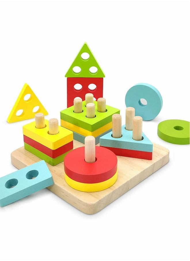 Montessori Toys, Wooden Learning Puzzle Stacking Toys, KASTWAVE Educational Learning Toys for 2 Year Old Girls Boys Birthday Gift, Color Recognition Stacker Shape Sorter for 1-3 Year Old Boys Girls  - Image 1