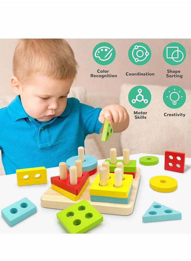Montessori Toys, Wooden Learning Puzzle Stacking Toys, KASTWAVE Educational Learning Toys for 2 Year Old Girls Boys Birthday Gift, Color Recognition Stacker Shape Sorter for 1-3 Year Old Boys Girls  - Image 2