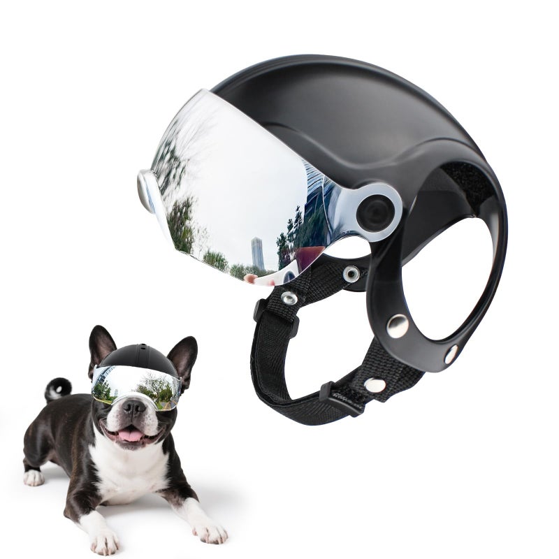Billionchains Dog Helmet for Small Breed Cool Pet Motorcycle Helmet with Drop-Down Silver Visor (Without Rivets) - Image 1