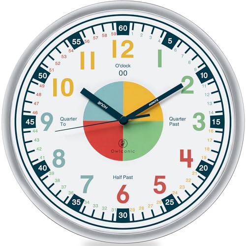 OWLCONIC Non Ticking Analog Clock for Kids Learning to Tell Time, Teaching Clock for Kids Wall, Clocks for Classroom, Homeschool Decor, Bedrooms, Silent, Homeschooling Resource. - Image 1