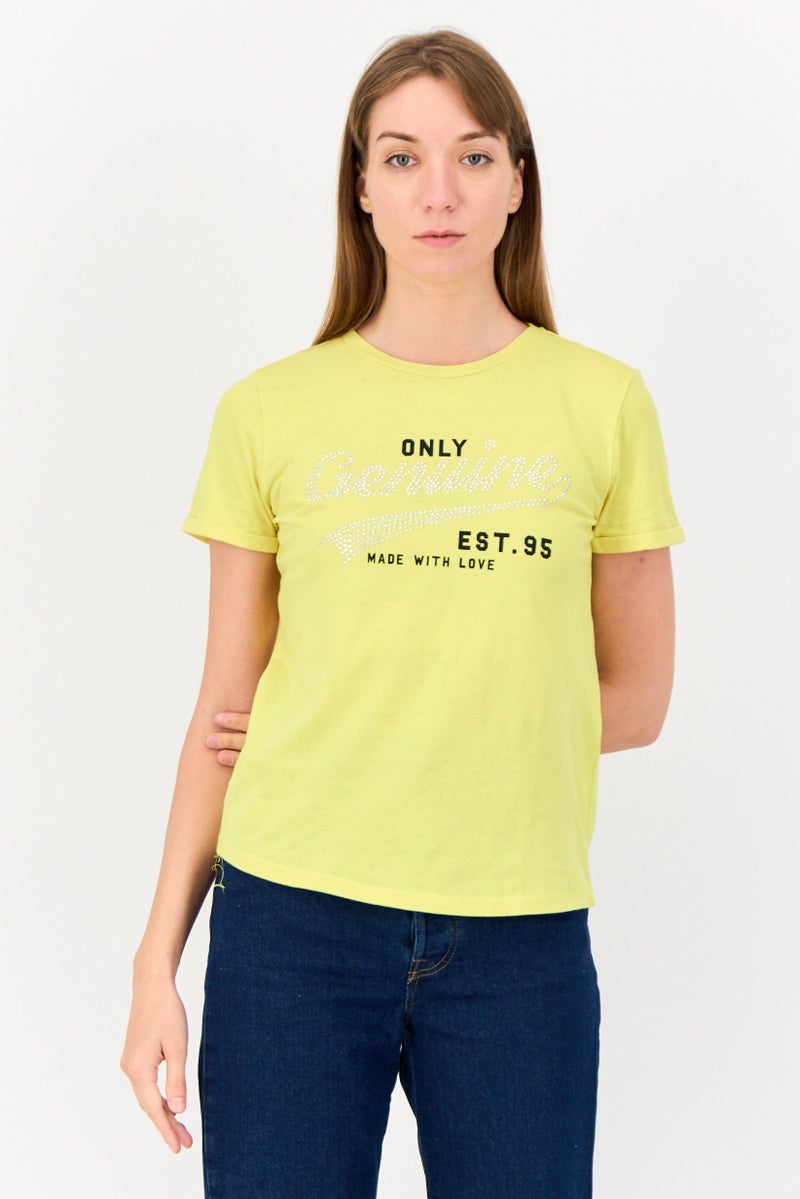 ONLY تي شيرت نسائي بقصة عادية بأكمام قصيرة، لون ليموني أصفر - Image 1