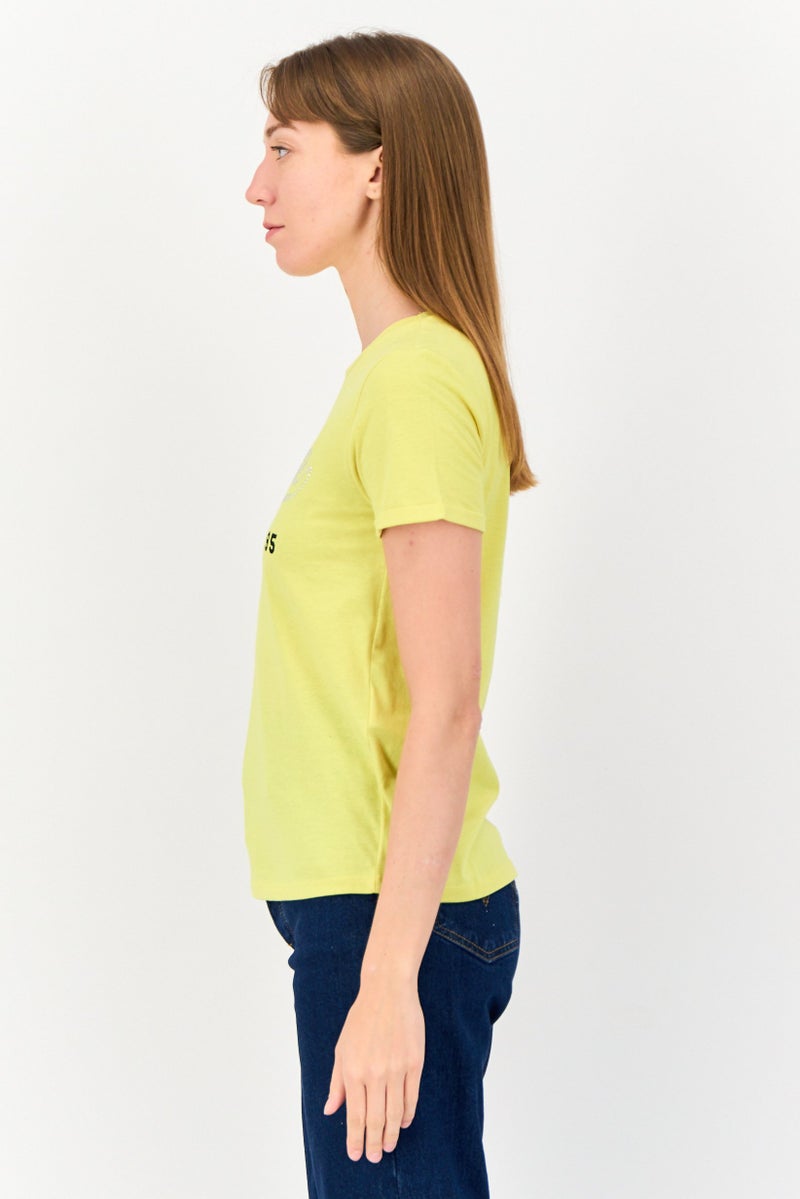 ONLY Women Regular Fit Short Sleeves Textured T-Shirt, Lime Yellow - Image 2