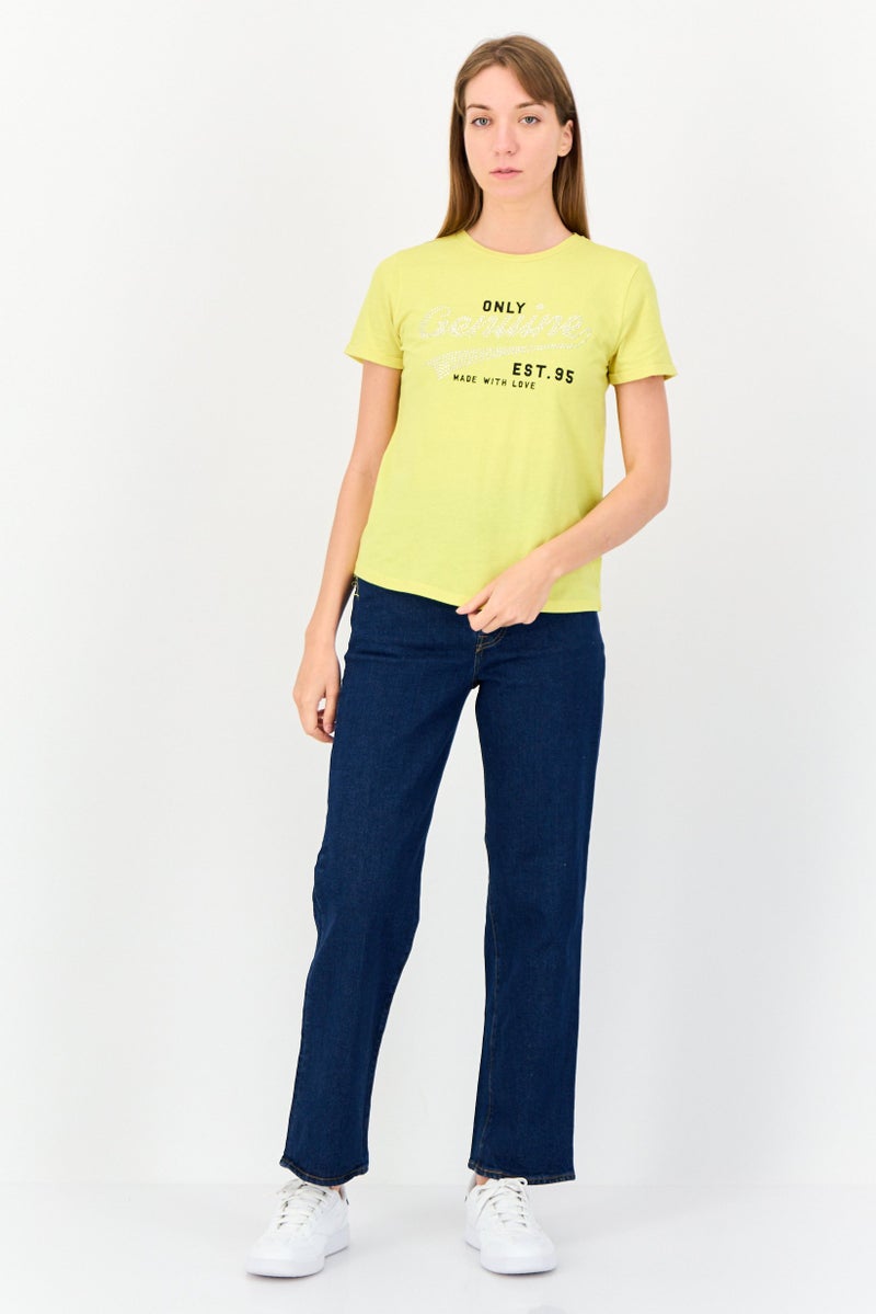 ONLY Women Regular Fit Short Sleeves Textured T-Shirt, Lime Yellow - Image 4