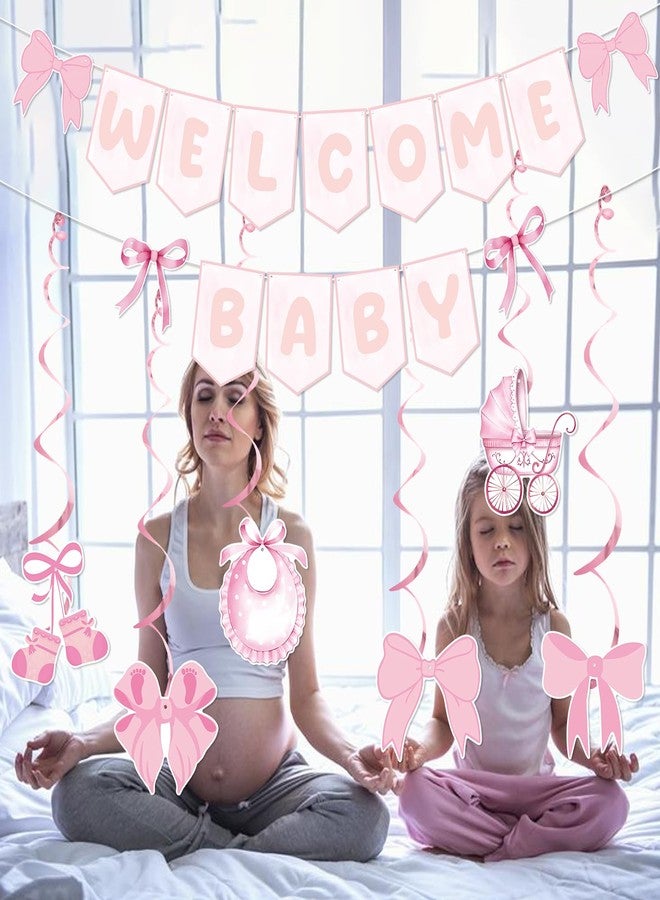 MZ.ogm Pink Bow Welcome Baby Banner With Haning Swirls, Bow Baby Girl Banner, Pink Bow Baby Shower Decorations, Welcome Baby Girl Decorations for Girls Gender Reveal Party Photo Props - Image 4