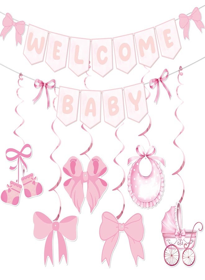 MZ.ogm Pink Bow Welcome Baby Banner With Haning Swirls, Bow Baby Girl Banner, Pink Bow Baby Shower Decorations, Welcome Baby Girl Decorations for Girls Gender Reveal Party Photo Props - Image 1