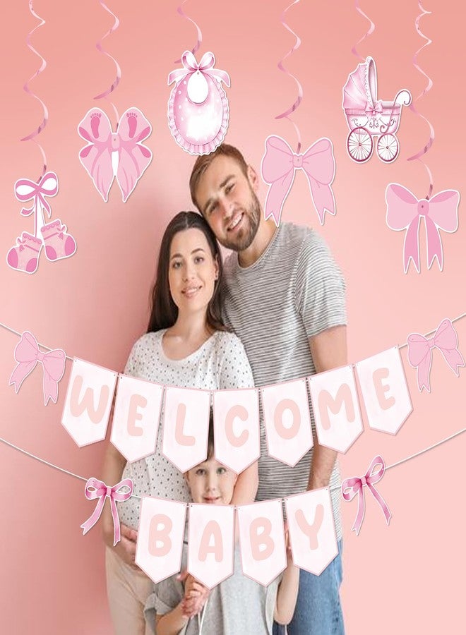 MZ.ogm Pink Bow Welcome Baby Banner With Haning Swirls, Bow Baby Girl Banner, Pink Bow Baby Shower Decorations, Welcome Baby Girl Decorations for Girls Gender Reveal Party Photo Props - Image 5