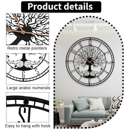 Dankeit Tree of Life Wall Clock, 24inch Black Metal Wall Clock, Silent Quartz Movement, Modern Home Decor - Image 2