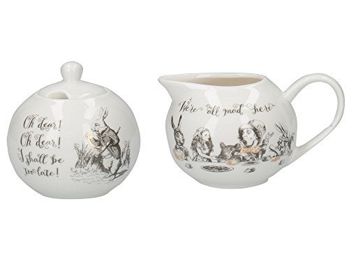 Va V&A Alice in Wonderland Fine China Milk Jug and Sugar Bowl Set with Decorative Illustrations (2 Pieces) - White, 18 x 7.5 x 7 cm - Image 1