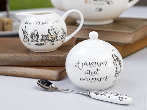 Va V&A Alice in Wonderland Fine China Milk Jug and Sugar Bowl Set with Decorative Illustrations (2 Pieces) - White, 18 x 7.5 x 7 cm - Image 2