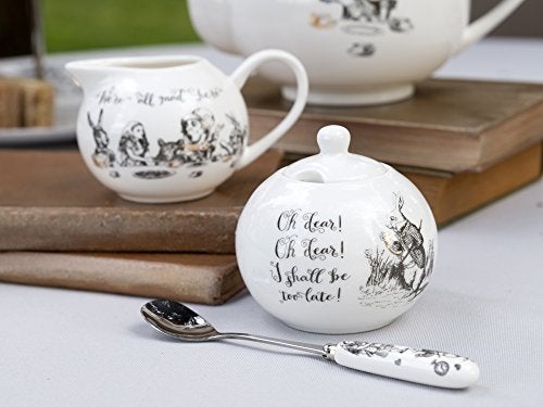 Va V&A Alice in Wonderland Fine China Milk Jug and Sugar Bowl Set with Decorative Illustrations (2 Pieces) - White, 18 x 7.5 x 7 cm - Image 4