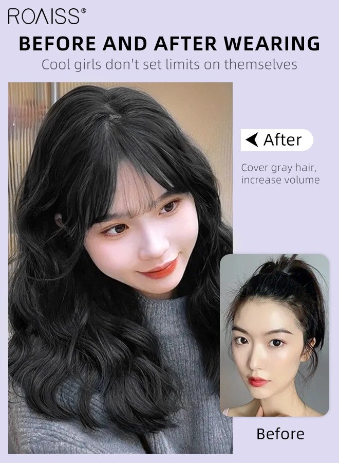 رويس باروكة شعر مموجة ناعمة مع غرة للنساء، باروكة شعر مستعار للنساء ذوات الشعر الخفيف، تغطية تساقط الشعر، شعر رمادي، لون أسود طبيعي، 45 سم (18 بوصة) - Image 4