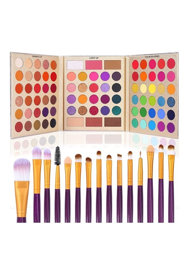 Ucanbe لوحة ظلال العيون + مجموعة فرش 15 قطعة، لوحة مكياج ملونة 86 مع فرش، مجموعات ظلال عيون غير لامعة ولامعة، مجموعة أدوات تجميل مع هايلايترز وظلال كونتور وبلاشر - Image 1