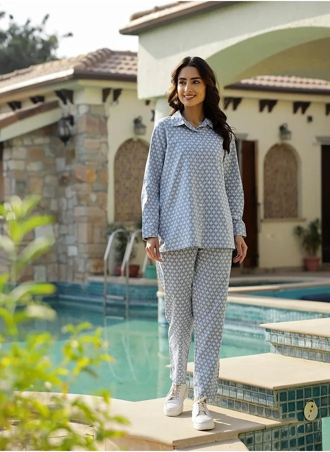 sanskrutihomes All-Over Print Spread Collar Cotton Shirt with Trousers Co-Ords