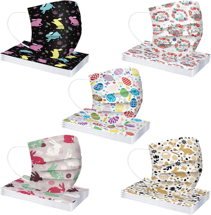 woobles Easter Disposable Face Masks for Adults Women,50Pc Rabbit Printed Designs Paper Face Mask 3 Ply Protection Breathable 15 - Image 1