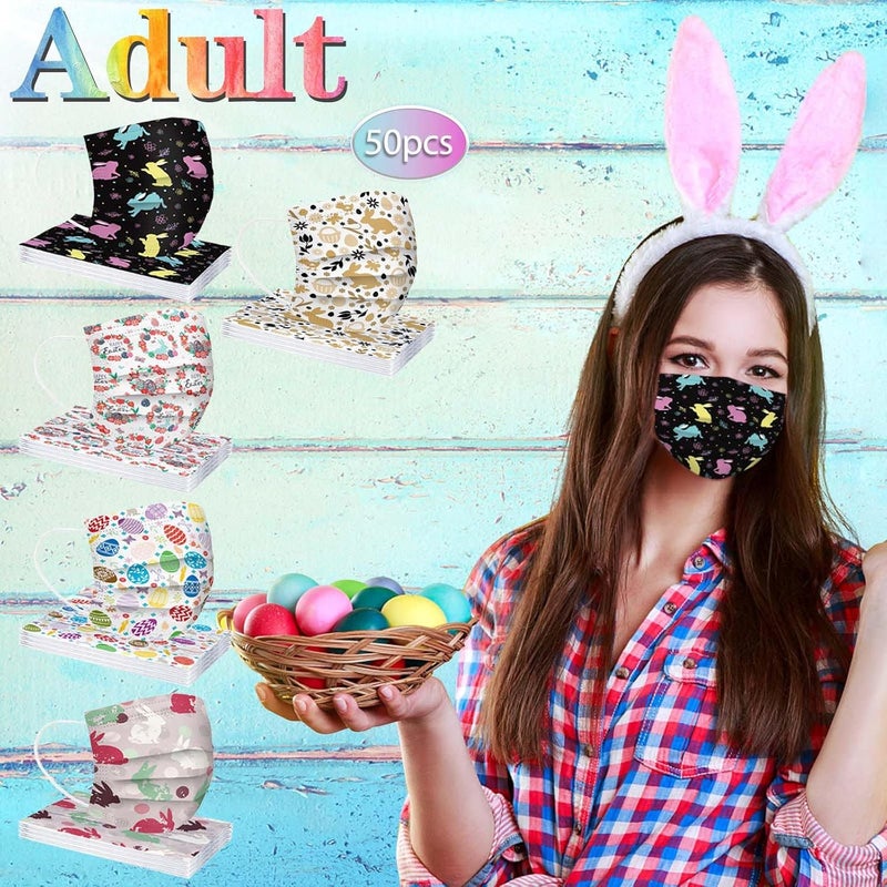 woobles Easter Disposable Face Masks for Adults Women,50Pc Rabbit Printed Designs Paper Face Mask 3 Ply Protection Breathable 15 - Image 2