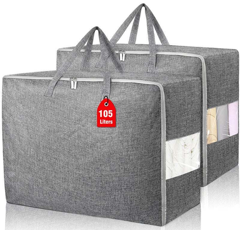 Besslly 2Pack 105L Extra Large Storage Bags, Folding Moving Comforter Blanket Storage Bags Closet Organizers and Storage Containers for Clothes with Strong Handles&Zippers Clear Window for Bedding Pillow Grey - Image 1
