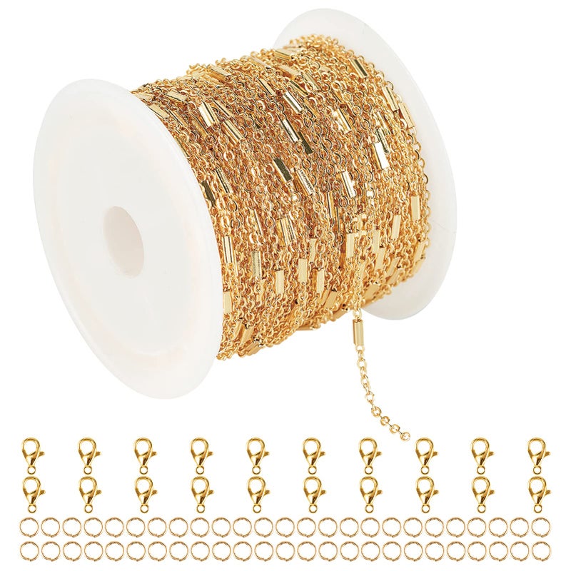 YOUBEIYEE 328ft 18K Gold Plated Jewelry Making Chain Bulk with 50pcs Jump Rings and 20pcs Lobster Clasps Solid Brass Tube Bar Cable Link Chain Necklace Bracelet DIY Craft Chains