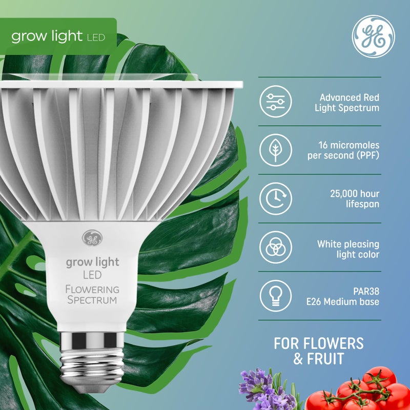 GE Grow LED Light Bulb, PAR38 Flood Light, Indoor LED Grow Lights for Flowers and Fruit, Advanced Red Light Spectrum, 25,000 Hour Lifespan, 50 PPF, 1 Pack (Packaging May Vary) - Image 2