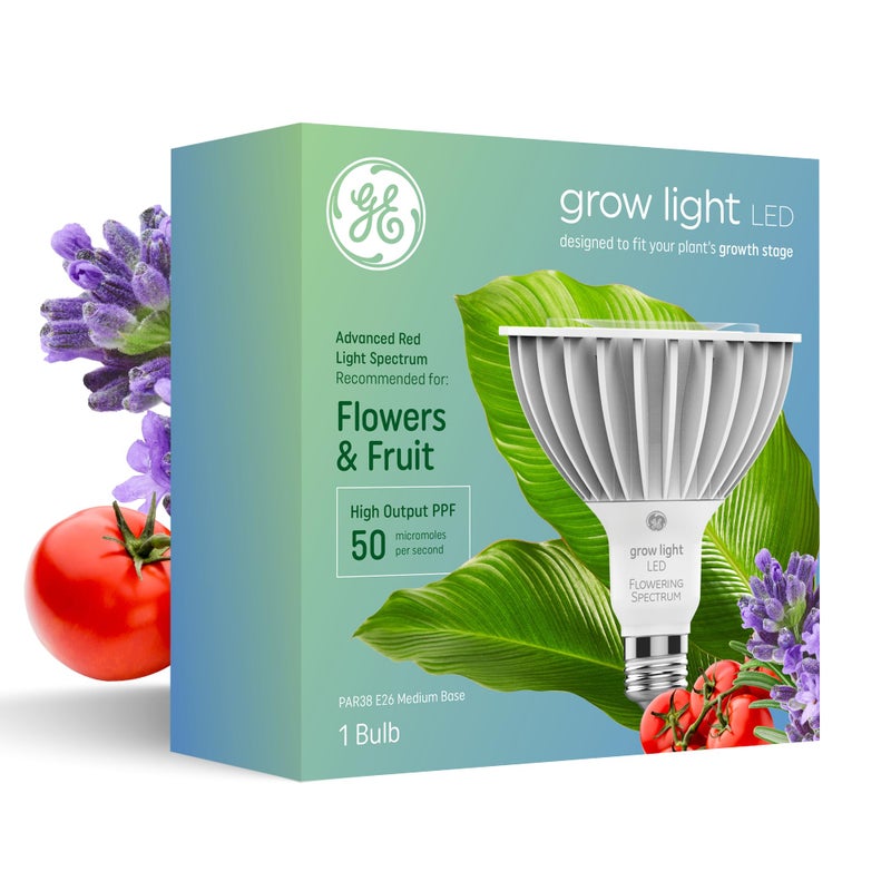 GE Grow LED Light Bulb, PAR38 Flood Light, Indoor LED Grow Lights for Flowers and Fruit, Advanced Red Light Spectrum, 25,000 Hour Lifespan, 50 PPF, 1 Pack (Packaging May Vary) - Image 1