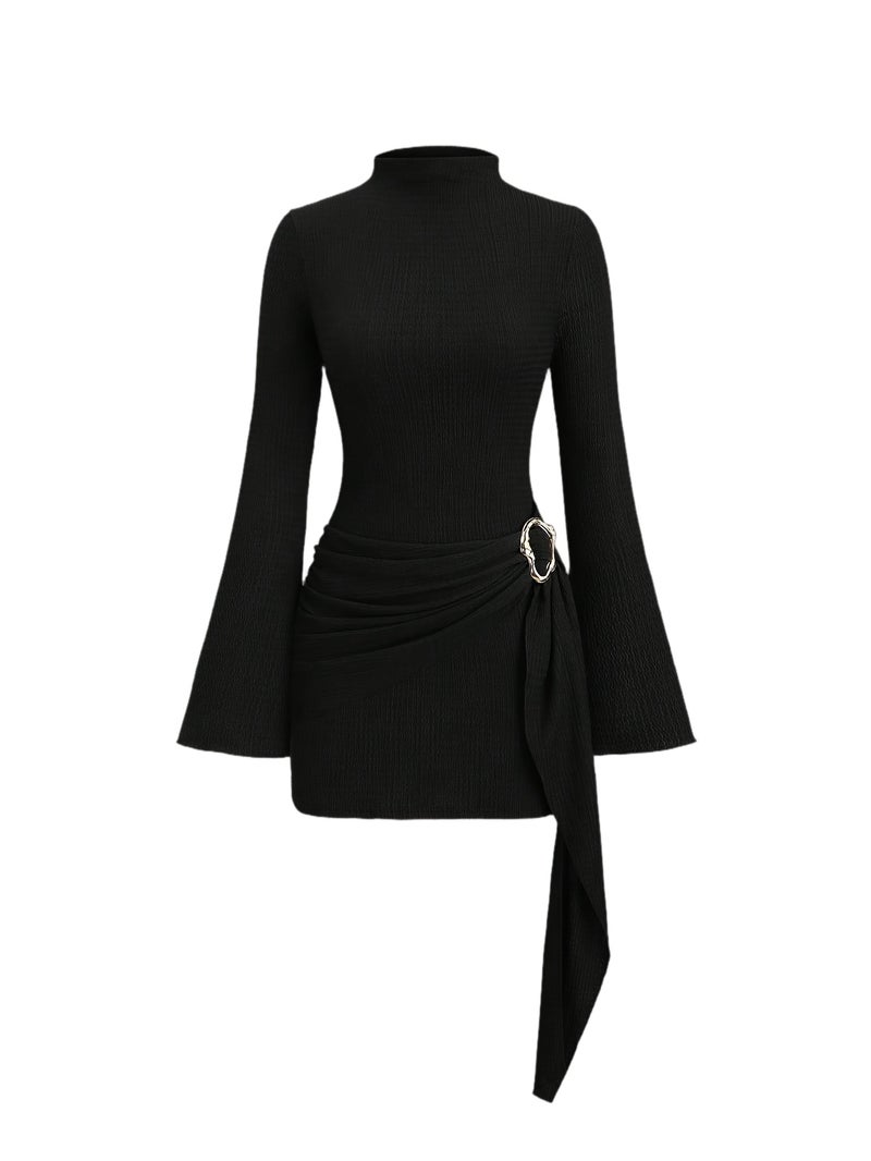Women'S Waist-Cinching Minimalist Flared Sleeve Bodycon Dress - Image 1