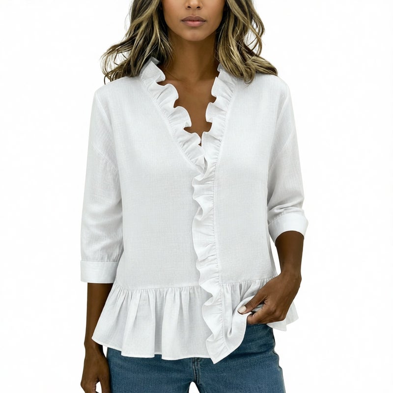 Women's Blouse with Ruffled Hem and Three-Quarter Sleeves, Pullover Top