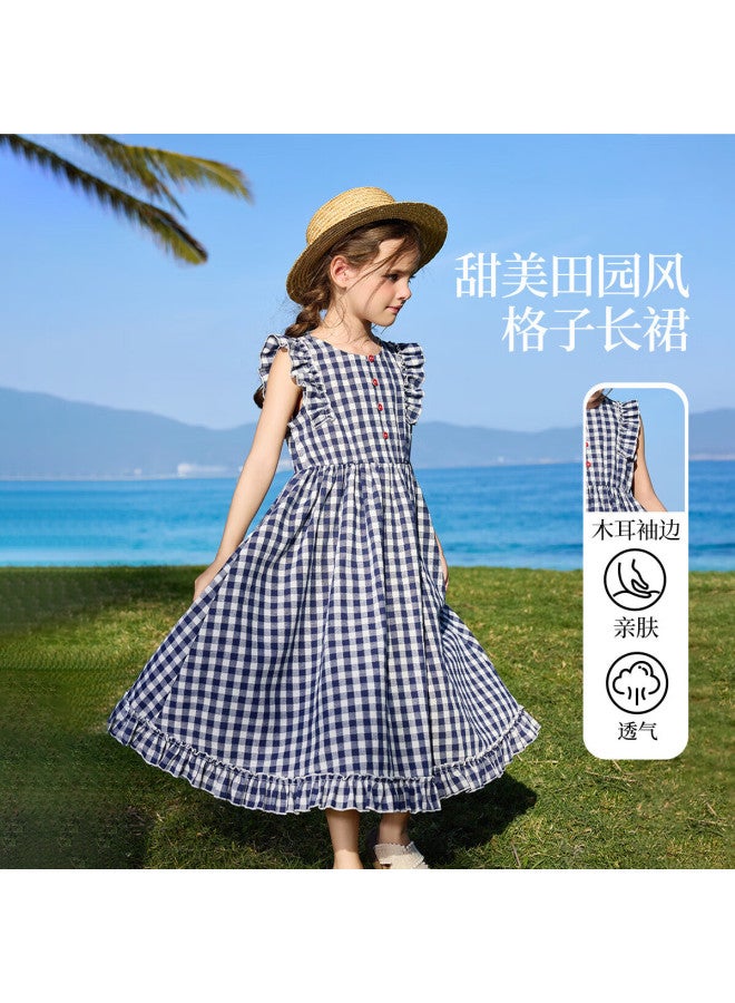 Ask Junior Parent-Child Plaid Dress Summer Children'S Grid Dress Girls' Long Dress Kids' Sleeveless Vest Dress 110 - Image 1