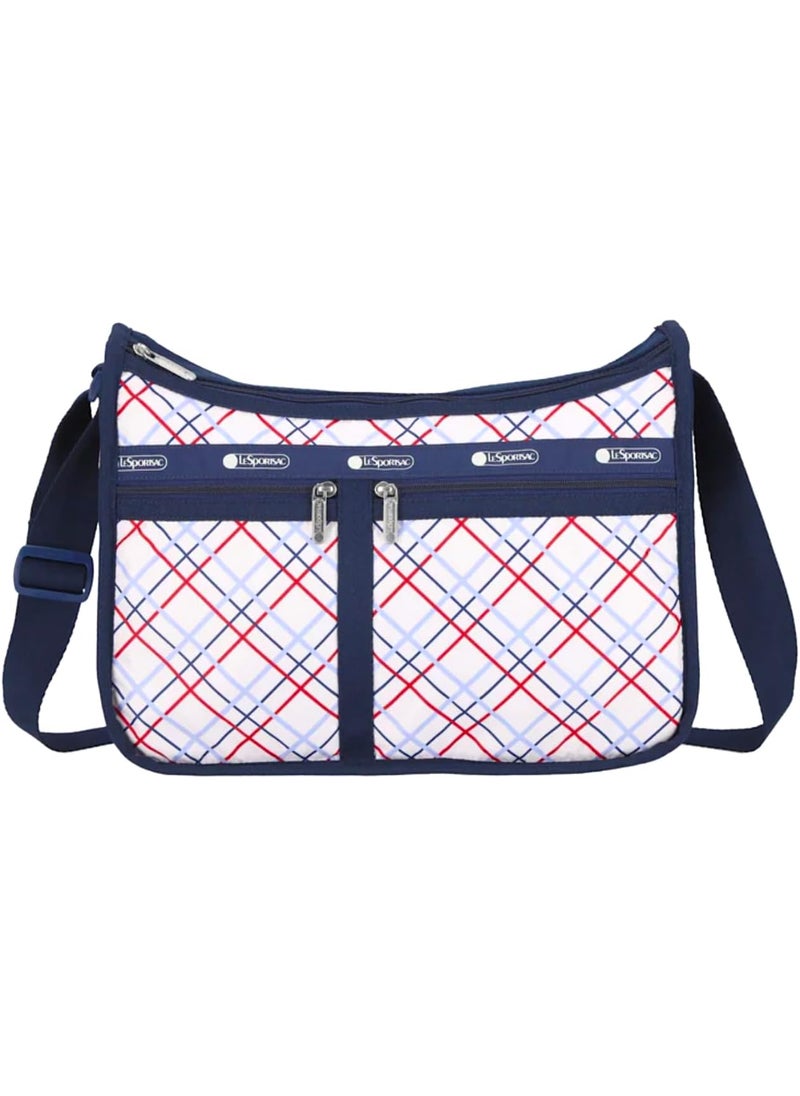 LeSportsac - LeSportsac Modern Tattersall Deluxe Everyday Crossbody Bag + Cosmetic Bag, Style 7507/Color E839, Classic Navy & Bold Red Unite on Crisp White Bag, Modern Lilac Accent, Fun Interpretative Tartan Plaid - Image 1