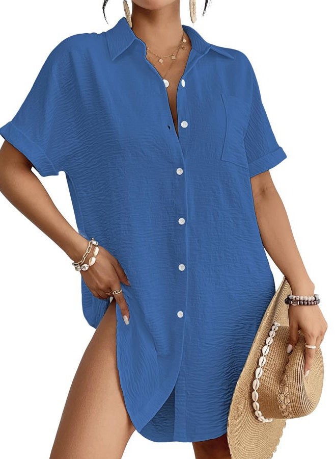 Bsubseach Women Swimsuit Coverup Shirt Dress Button Down Bathing Suit Cover Up Beachwear, Blue, M - Image 1
