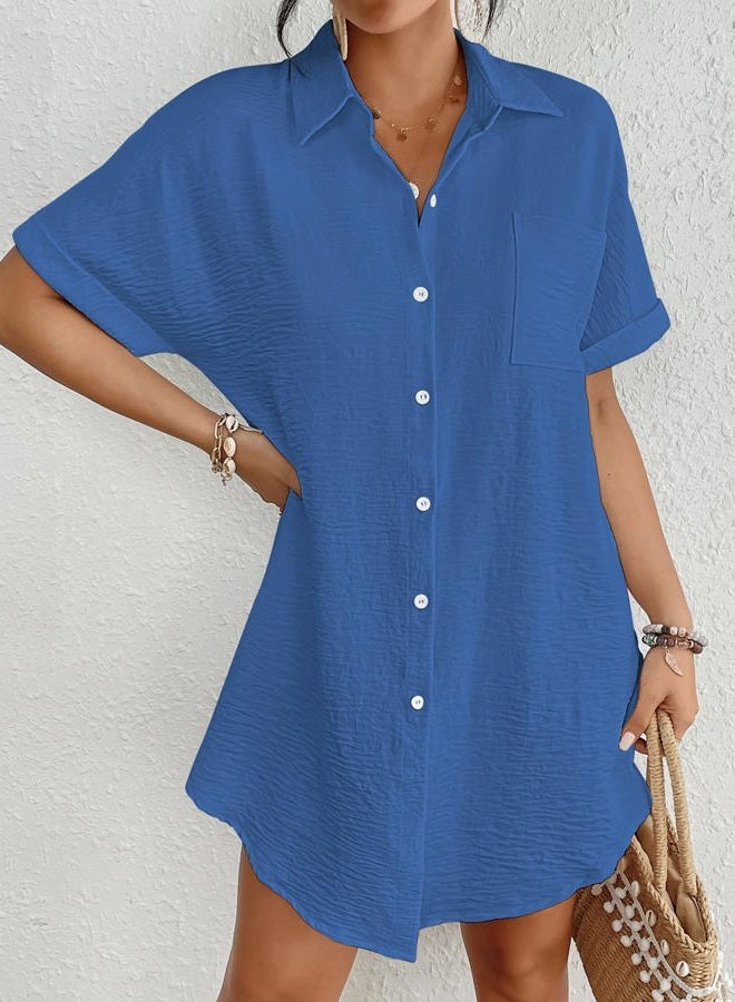 Bsubseach Women Swimsuit Coverup Shirt Dress Button Down Bathing Suit Cover Up Beachwear, Blue, M - Image 4