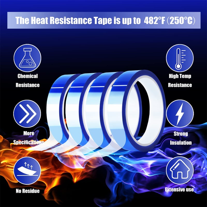 4PCS Rolls Heat Tape High Temperature Heat Resistant Tape Heat Transfer Tape for Heat Sublimation Press Vinyl No Residue 20mm x33m(108ft) Blue - Image 3