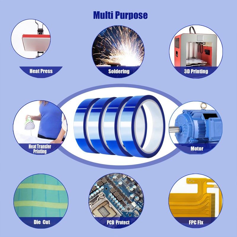 4PCS Rolls Heat Tape High Temperature Heat Resistant Tape Heat Transfer Tape for Heat Sublimation Press Vinyl No Residue 20mm x33m(108ft) Blue - Image 5